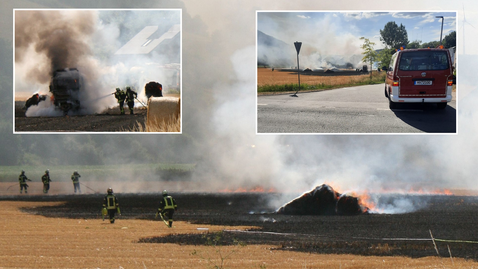Ballenpresse gerät in Brand – Flächenbrand auf Stoppelfeld an der B83